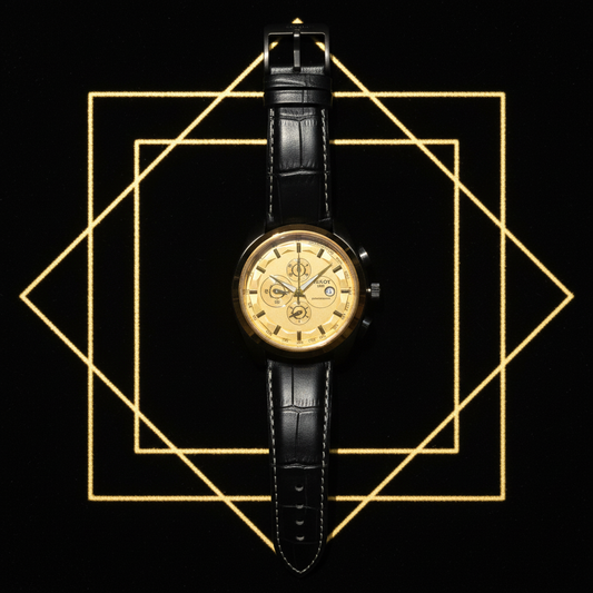 Chronograph Watch - Black Leather Strap + Gold Dial