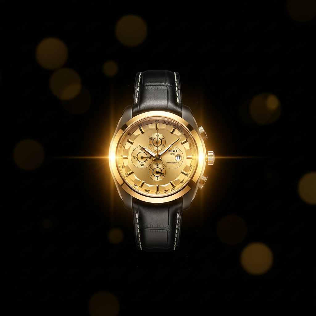 Chronograph Watch - Black Leather Strap + Gold Dial
