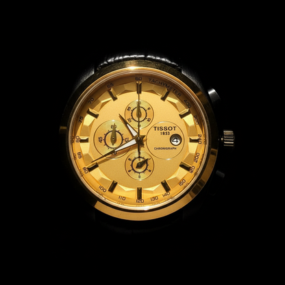 Chronograph Watch - Black Leather Strap + Gold Dial