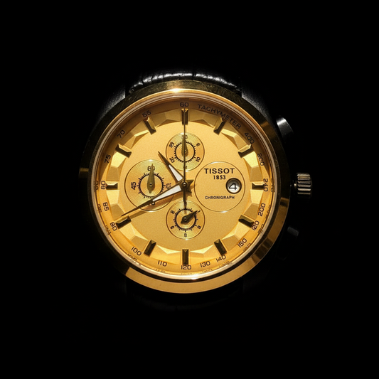 Chronograph Watch - Black Leather Strap + Gold Dial
