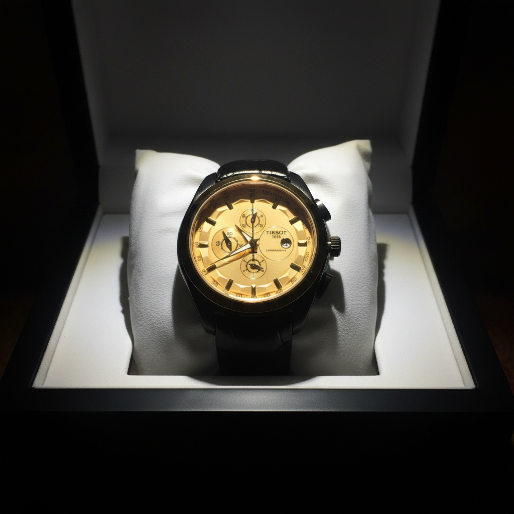 Chronograph Watch - Black Leather Strap + Gold Dial