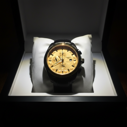Chronograph Watch - Black Leather Strap + Gold Dial