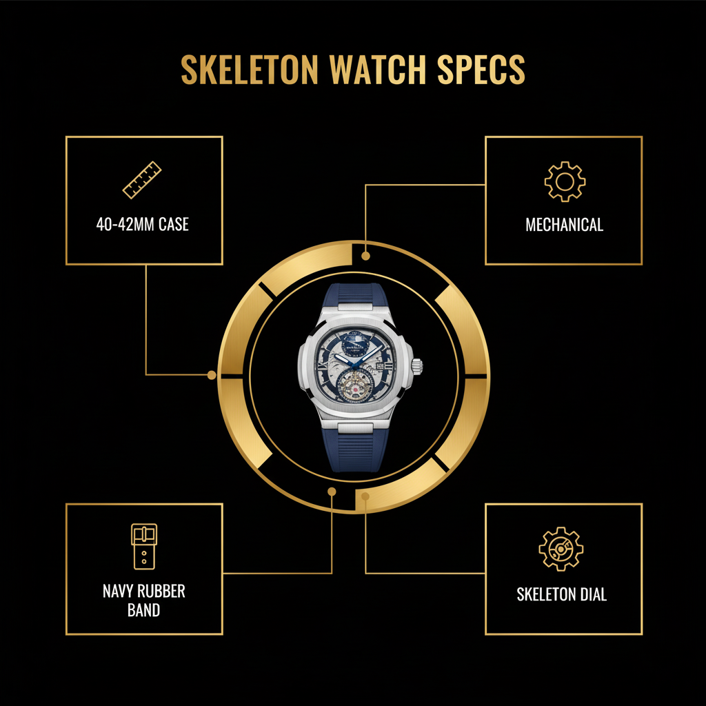 Skeleton Mechanical Watch - Navy Blue Rubber Strap