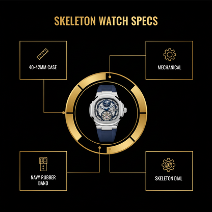 Skeleton Mechanical Watch - Navy Blue Rubber Strap