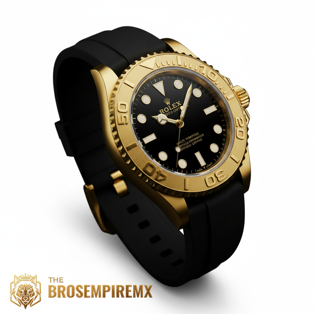 Gold Rolex Master luxury watch with black dial and rubber strap