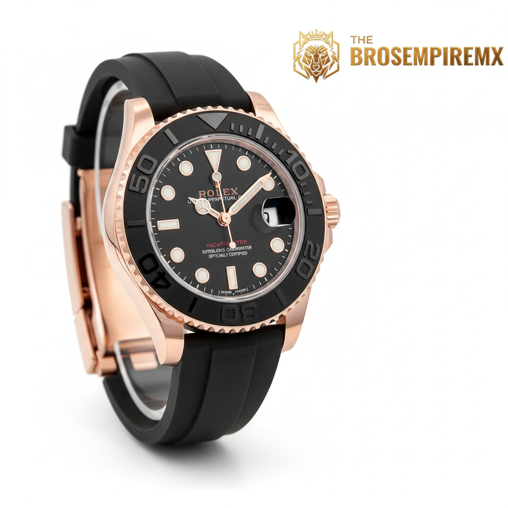 Rose gold Rolex Master watch with black rubber strap