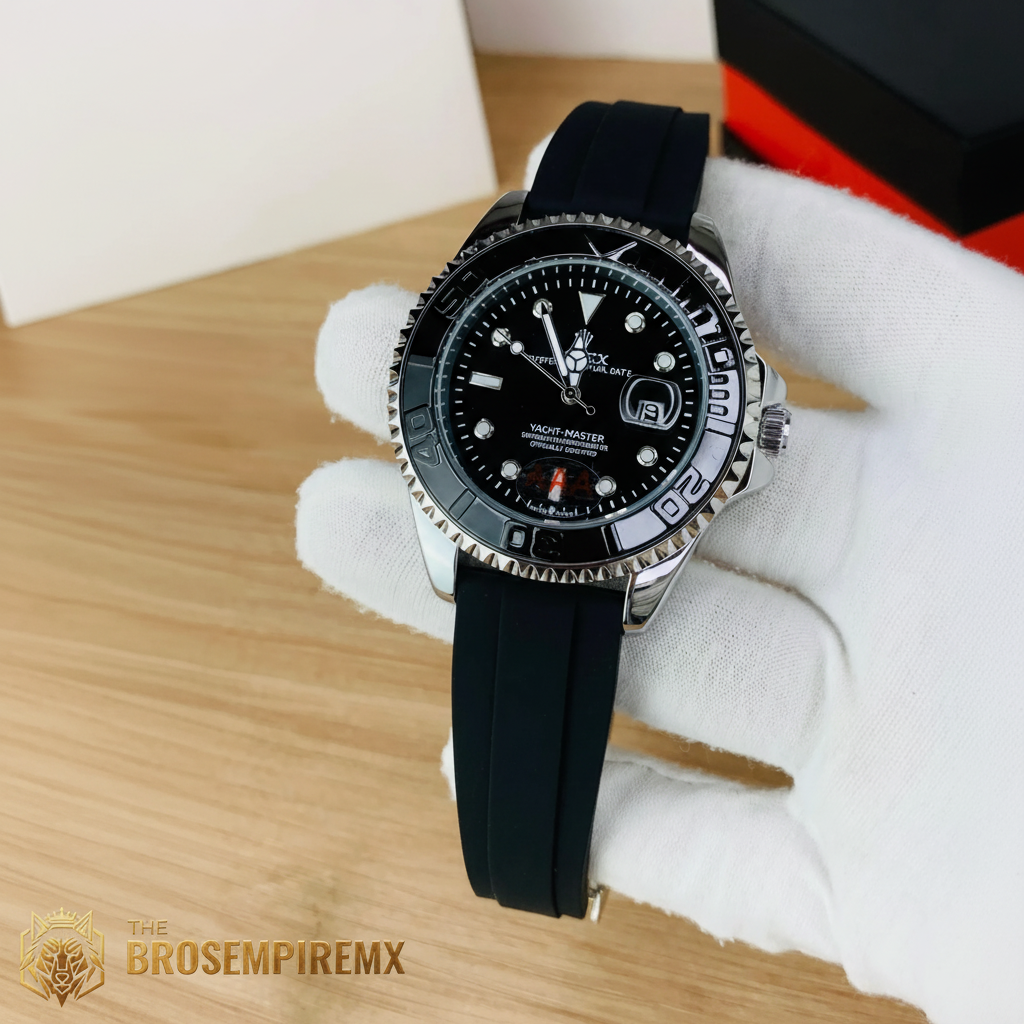 Black Rolex yacht master watch on white glove