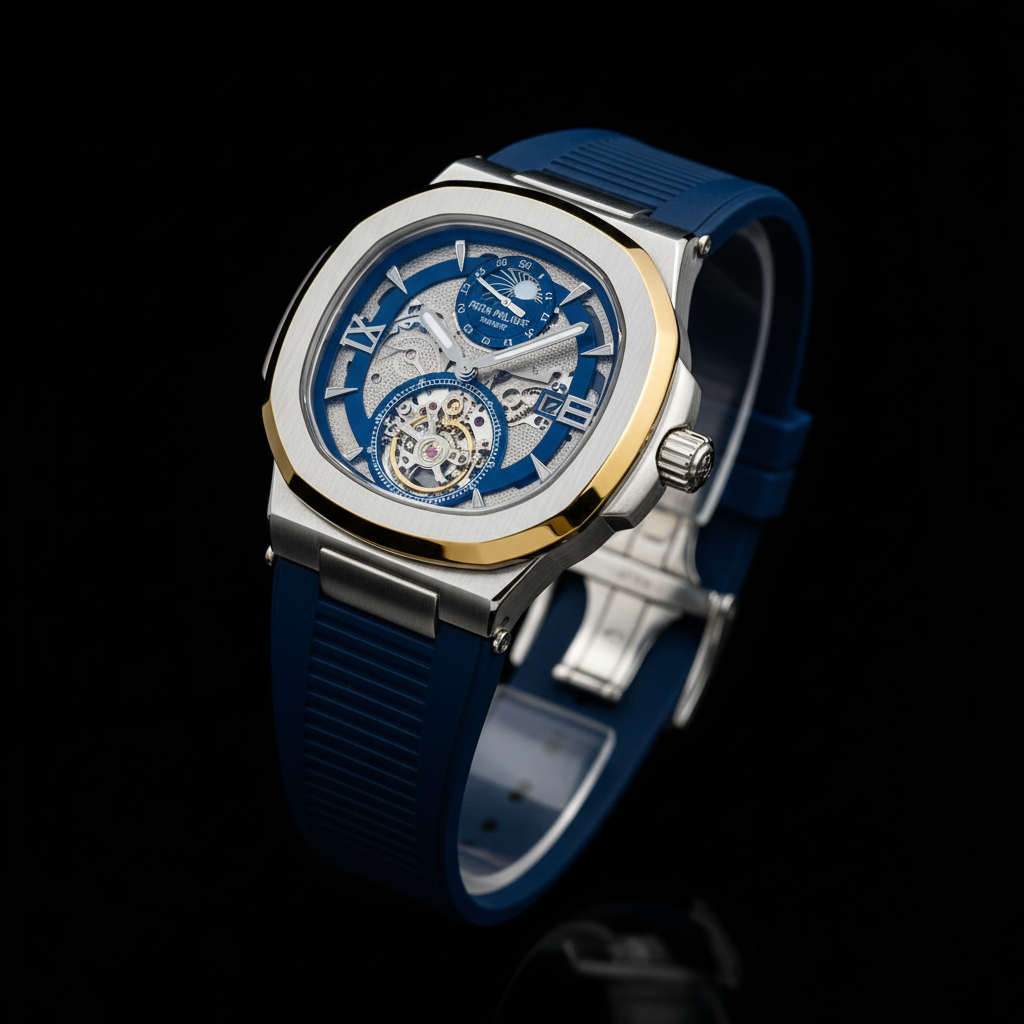 Skeleton Mechanical Watch - Navy Blue Rubber Strap